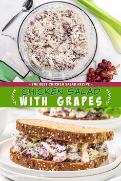 chicken salad with grapes in a bowl on a plate next to a sandwich cut in half