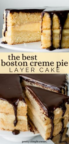 The best Boston cream pie recipe is here! And we’re making it from scratch. It has two layers of buttery vanilla sponge cake sandwiched together with a creamy pastry cream filling, and topped with chocolate ganache. Every bite will melt in your mouth! | how to make boston cream pie | homemade boston cream cake | boston cream pie cake recipe | boston cream cake | boston cream desserts | boston cream pie desserts | best boston cream pie Boston Creme Pie Desserts, Boston Cream Pie Sheet Cake, Authentic Boston Cream Pie, Boston Cream Bundt Cake, Boston Cream Pie Desserts, Boston Cream Desserts, Unique Cake Recipes, Boston Cream Pie Poke Cake