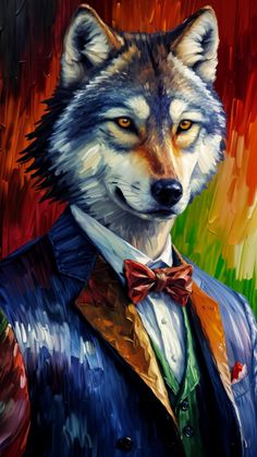 a painting of a wolf wearing a suit and bow tie with an orange light in the background