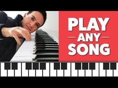 a man leaning over a piano with the words play any song on it and an image of him pointing