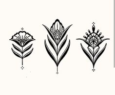 three different types of flowers are shown in black and white ink on a white background