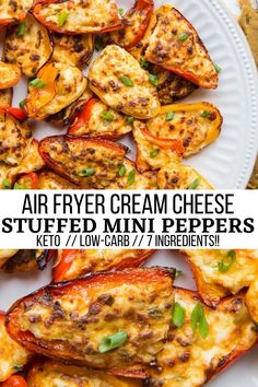 grilled cheese stuffed mini peppers on a white plate with text overlay that reads air fryer cream cheese stuffed mini peppers