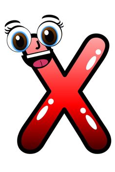 a cartoon letter x with eyes and tongue sticking out