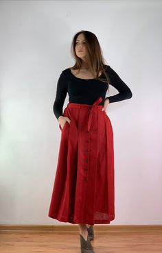 "Handmade maroon linen long skirt with pockets , with button, sperfect for casual wear and suitable for any occasion in any season Details: - 100% natural linen produced in Europe ; - medium weight (180 gram per square meter); - color: maroon, could be any from our colors catalog (color samples at the photo); Made to order, approximately a few days, If you have any questions please message me and I will be glad to answer. Size guide : Size XS Bust: fits bust around 33\"-34\"/ 84-88 cm Waist: fit Linen Long Skirt, Long Skirt With Pockets, Linen Casual Dress, Maxi Skirts Summer, Long Skirt Summer, Skirt With Buttons, Skirt Casual, Color Catalog, Skirt Summer