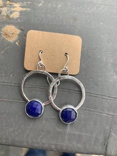 Lapis Lazuli hoop earrings set in sterling silver with ear | Etsy Nickel Free Sterling Silver Jewelry With Round Stone, Nickel-free Sterling Silver Jewelry With Round Stones, Blue Small Hoop Nickel-free Earrings, Nickel Free Sterling Silver Open Circle Jewelry, Blue Nickel-free Small Hoop Earrings, Nickel-free Blue Small Hoop Jewelry, Nickel-free Sterling Silver Open Circle Jewelry, Blue Small Hoop Earrings With Matching Set, Blue Hammered Drop Earrings