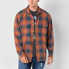 Arizona Jeans Co. men's plaid shirt jacket is a versatile and stylish layering piece to add to your collection for cooler days. It's made from lightweight, soft cotton-twill in a loose fit with spread collar, chest flap pockets, long sleeves, button cuffs, and front button closures. Wear it with a t-shirt, jeans, and Chelsea boots.Closure Type: ButtonNeckline: Collar NeckPockets: 2 Chest Flap PocketsSleeve Length: Long SleeveWarmth Factor: LightweightApparel Length: 33 InchesOuterwear Length: Mi Casual Fall Flannel Shirt For Outdoor, Casual Outdoor Shirt For Fall, Casual Outdoor Fall Shirt, Casual Fall Outdoor Shirt, Casual Outdoor Shacket, Casual Plaid Shacket For Streetwear, Casual Flannel Outerwear With Relaxed Fit, Casual Outdoor Fall Flannel Shirt, Casual Plaid Cotton Shacket