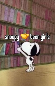 a cartoon character holding up a yellow item in front of a bookshelf with the words snoopy teen girls on it