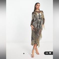 Asos Sequin And Fringe Artwork Long Sleeve Bodycon Midi Dress In Black And Gold. Size 6. New With Tags. Retails For 495$ Plus Tax. Sold Out. Gorgeous!! Fringe Midi Dress, Long Sleeve Bodycon Midi Dress, Vestidos Retro, Prom Midi Dress, Floral Halter Dress, Embroidered Midi Dress, Bodycon Midi Dress, Asos Dress, Asos Dresses