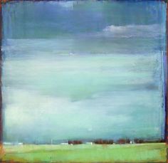 an abstract painting of green grass and blue sky