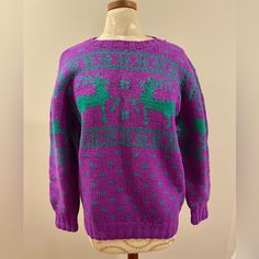 Brrrr.....It's Soon To Be Cold Outside! Lovely Vintage Ralph Lauren Wool Hand Knit Novelty Reindeer Sweater In Beautiful Condition From Original Owner. Crew Neck With Ribbed Collar & Cuffs Color Is A Jewel Tone Purple And Kelly Green. Dry Clean Only. This Has Always Been In My Smoke Free Home. Purchased At Saks Fifth Ave. This Is Marked Small, However, Because It Is Vintage, Refer To All Measurements Here And Compare To Something Similar You Already Own For A Perfect Fit. If You Like To Layer, Give Yourself A Little Wiggle Room. Measurements Taken With Sweater Laying Flat: Overall Length: 25" Sleeve Length: 21-1/2" Should Seam To Shoulder Seam: 17-1/2" Bust ( Arm Pit To Arm Pit) : Jewel Tone Purple, Room Measurements, Reindeer Sweater, Vintage Ralph Lauren, Lauren Green, Cold Outside, Ralph Lauren Sweater, Jewel Tones, Kelly Green