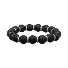 "Featuring black lava and stainless steel beads, this stretchable bracelet is perfect for everyday wear. BRACELET DETAILS Length: 8.5 in. Clasp: adjustable Metal: stainless steel Finish: polished Stone: black lava rock Packaging: boxed Size: 8.5"". Gender: male. Age Group: adult." Casual Silver Stretch Bracelet With Black Beads, Casual Stretch Bracelet With 8mm Lava Stone Beads, Casual Black Jewelry With Spacer Beads, Casual Black Lava Stone Beaded Bracelets, Casual Black Beaded Lava Stone Bracelets, Casual Black Round Stretch Bracelet, Casual Black Stackable Jewelry, Casual Beaded Lava Stone Jewelry, Casual Black Lava Stone Bracelet