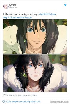 two anime characters, one with black hair and the other with blue eyes are smiling