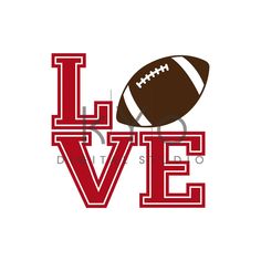 the word love with a football on it and an image of a football in red