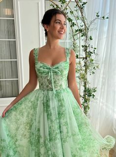 Summer A-line Corset Dress For Garden Party, Vintage A-line Midi Dress For Garden Party, Green A-line Dress For Garden Party, Elegant Summer Tea-length Corset Dress, Summer Garden Party A-line Corset Dress, Tea Party Dresses, Tea Party Dress, Garden Dress, Summer Soiree