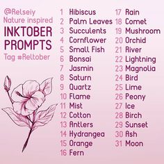 a pink poster with the names of inktober proms and other things on it