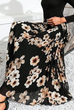 Black Floral Printed Chiffon Elastic High Waist Pleated Long Skirt Summer Black Maxi Skirt With Floral Print, Casual Floral Print Maxi Skirt For Party, Black Floral Print Maxi Skirt For Spring, Flowy Black Bohemian Maxi Skirt, Bohemian Black Flowy Maxi Skirt, Black Floral Print Maxi Skirt For Beach, Black Floral Print Skirt For Vacation, Flowy Black Maxi Skirt For Spring, Chic Black Floral Print Maxi Skirt