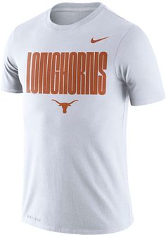 Keep cool while showing your Texas Longhorns spirit in this White Legend Logo T Shirt. This Short Sleeve is the perfect Tee for working out, heading to class, or cheering on the Longhorns. Featuring a screen print of "Longhorns" across chest with Longhorn logo, there's no mistaking your Texas Longhorns pride in this Longhorns Legend Logo T Shirt! Classic Legend Dri-Fit Short Sleeve, Screen print application, Iconic Nike Swoosh on shoulder, Athletic Fit, Fit: True to Size, 100% POLYESTER, Machine Team Spirit Dri-fit T-shirt, Sports Tops With Team Logo Print, Sports Fan Apparel Top With Logo Print, Collegiate Tops With Logo Print For Team Events, Athletic Heather Tops With Logo For Sports Events, Sportswear Tops With Team Logo For Fans, Team-colored Tops With Logo Print For Team Events, White Dri-fit T-shirt For Sports Season, Sports Team Logo Tops For Fan Gear