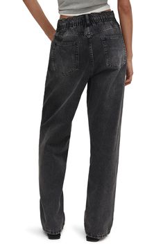 These slouchy jeans made from nonstretch denim with full-length straight legs offer an effortlessly cool and laid-back look. 29" inseam; 17 1/2" leg opening; 13" front rise; 17 1/2" back rise (size 8) Zip fly with button closure Five-pocket style 100% cotton Machine wash, line dry Imported Black Casual Cropped Jeans With Straight Hem, Black Relaxed Fit Cropped Jeans With Tapered Leg, Casual Black Cropped Rigid Denim Jeans, Black Cropped Jeans With Relaxed Tapered Fit, Washed Black Straight Fit Bottoms, Trendy Straight Washed Black Jeans, Washed Black Relaxed Fit Mid-rise Jeans, Washed Black Mid-rise Relaxed Fit Jeans, Trendy Washed Black Tapered Leg Jeans