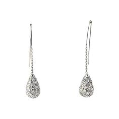 Pavé diamond teardrop earrings dangling on 18K white gold wire and chain. Hook backs for pierced ears. Diamond teardrops total an estimated 2.7 carats; clarity of the diamonds is SI.   Please see the measurements noted above in the description for best approximate dimensions White Gold Teardrop Earrings For Evening, Teardrop Diamond Linear Earrings Fine Jewelry, Fine Jewelry Diamond Teardrop Linear Earrings, Teardrop Diamond Pierced Earrings, Fine Jewelry Teardrop Diamond Earrings For Evening, Evening Teardrop Diamond Earrings, Elegant Pierced Teardrop Earrings, White Gold Teardrop Linear Earrings Fine Jewelry, White Gold Teardrop Linear Earrings