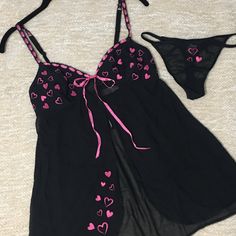 Sexy Meets Sweet In This Black Babydoll Lingerie Set, Featuring Embroidered Pink Hearts And Pink Ribbon Accent. This Item Is Nwot In Its Victoria's Secret Clear Bag. Black Coquette Sleepwear For Sleepover, Coquette Black Sleepwear For Sleepover, Black Sleepwear For Sleepovers, Flirty Pink Sleepwear With Built-in Bra, Cute Pink Party Sleepwear, Pink Flirty Sleepwear With Built-in Bra, Pink Underwire Sleepwear, Langerai Outfits, Black Babydoll