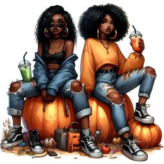 two women sitting on top of a pumpkin with drinks in their hands and wearing ripped jeans