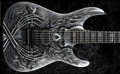 FEATURES Hand carved alder laminate body (Metallic Silver) Hard maple neck Ebony fingerboard w/pearl crossbone inlays Gotoh tuners, Floyd Rose Original bridge w/fat brass block Bare Knuckle Aftermath pickup w/ black battleworn cover. Guitar Studio, Electric Guitar, Music Instruments, Guitar