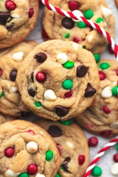 chocolate chip cookies with candy canes and candies