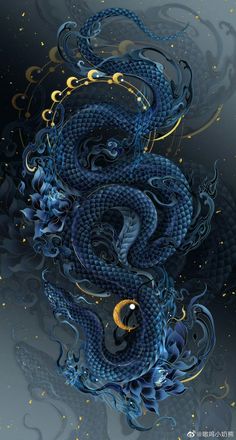 a blue and gold dragon on a dark background