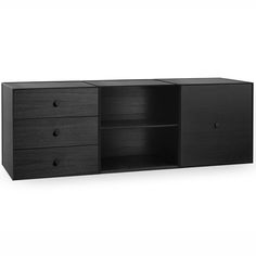 a black cabinet with three drawers and two doors