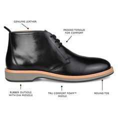 With authentic leather uppers and a classic fastened with a three-eye lace-up closure you'll be sporting these chukka boots all year. The Booker by Thomas & Vine is a simple design detailed with an EVA outsole paired with our signature 8 mm Comfort Foam footbed for a supportive fit. At Thomas & Vine we've aimed to offer well-made authentic leather shoes that strike a winning balance between sophistication and attainable pricing. Casual Black Chukka Boots With Leather Footbed, Black Chukka Ankle Boots With Rubber Sole, Black Chukka Boots With Leather Footbed, Black High-top Chukka Boots For Fall, Classic High-top Boots With Laces, Classic High-top Laced Boots, Casual Plain Toe Chukka Boots For Derby, Black Leather Footbed Chukka Boots With Round Toe, Black Chukka Boots With Rubber Sole For Fall