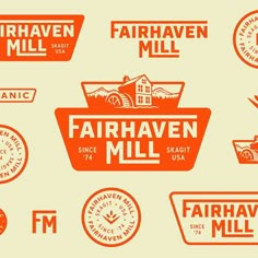 an orange and white advertisement for fair haven mill, with various logos on it's sides