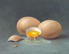 an oil painting of three eggs and one broken egg