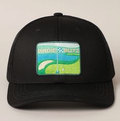 Men's Golf Patch Embroidered Baseball Cap with Meshed Back - Size: One Size Fits All (Adjustable Snap Closure Attached) - Perfect for Spring/Summer Vacation Vibe - Birdie Blitz Golf-Related Patch Design Adjustable Six-panel Trucker Hat For Golf, Adjustable Six-panel Snapback Hat For Golf, Sports Hats With Embroidered Patch, Sports Hats With Embroidered Patch Adjustable, Adjustable Sports Hat With Embroidered Patch, Adjustable Six-panel Hat With Embroidered Patch, Adjustable Golf Baseball Cap With Curved Bill, Adjustable Curved Bill Baseball Cap For Golf, Adjustable Trucker Hat For Golf With Curved Bill