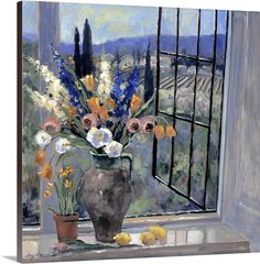 a painting of flowers in a vase on a window sill