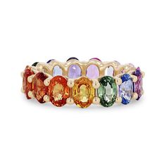 Colorful and bold, this trend-worthy eternity band features multi-colored sapphires totaling 8.26 carats. Sapphire Eternity Band, Diamonds Direct, Rainbow Sapphires, Colored Gems, Rings Jewelry, Gems Jewelry, Multi Stone Ring, Eternity Band, Round Brilliant Cut Diamond