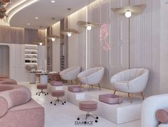 the interior of a beauty salon with pink and white chairs, chandeliers, and stools