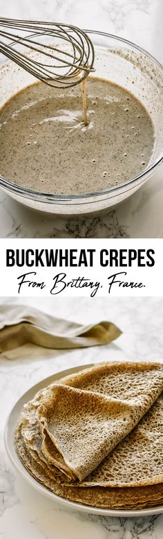 two pictures showing how to make buckwheat crepes for birthday cake