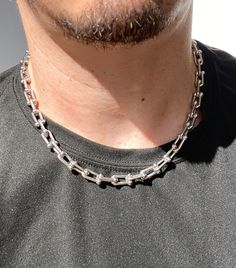 "This U-link design has a silver gunmetal finish that feels amazingly comfortable on the skin. It's going to be one of your favorite necklaces. It is a statement piece or looks great layering. Our inivisible U-link clasp is what sets our chain apart from others. *Available to custom make in 15\"-22\"  *15x7mm *Rhodium plated over brass  *U-Link invisible Clasp (photographed in third pic)" School Vibes, Link Design, Unisex Necklace, Med School, Studio City, Link Necklace, Link Chain, Rhodium Plated, Chains Necklace