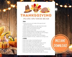 a thanksgiving printable is shown next to pumpkins and cornucts with the words, thanksgiving plate on your head