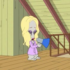 a cartoon character holding a blue object in her hand while standing on a wooden floor