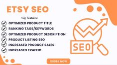 an orange and white business card with the words etsy seo on it's side