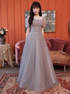 Grey Prom Dress With Sleeves, Evening Dresses Short Sleeve, Half Sleeve Prom Dress, Short Sleeve Formal Dress, Elegant Gray Tulle Evening Dress, Gray Wedding Dresses For Prom Season, Gray Prom Dress With Fitted Bodice, Fitted Tulle Bridesmaid Dress For Evening, Gray Floor-length Gown For Banquet