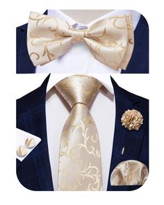 PRICES MAY VARY. Necktie + PRETIED Bow Tie + Pocket Square + Cufflinks + Lapel Pin Size: 59.06inches * 3.35inches for Tie, 9.4inches * 9.4inches for Hanky, 4.7inches * 2.4inches for Bowtie Tie and Bow Tie Set: One more choice for you to switch the style according to the occasion Custom Lapel Pin: Using the same fabric and you will receive the totally match one set accessory which make you stand out. Perfect accent for tie guys with an mix style appearance for a return to fashion. Unique, comfort Gold Bow Tie, Custom Lapel Pins, Men Ties, Flower Lapel, Groomsmen Ties, Vogue Men, Flower Lapel Pin, Silver Tie, Tie Men