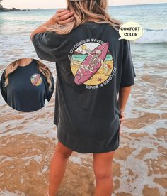 "These cute beachy, distressed tees make a perfect beach coverup or lounge tee! Or mix and match colors with friends for a perfect group vacation photo! Please note that tshirt colors White, Ivory, Butter, and Chambray will have black text. All other shirt colors will have white text! This design will print on the back of the shirt as well as the front left pocket! These tshirts are meant to have a slightly distressed, beachy look! About Comfort Colors Tees! (Unisex Shirts!) These ultra soft pig Oversized Casual T-shirt For Beach Season, Oversized Screen Print Top For The Beach, Oversized Beachy Top For Beach Season, Oversized Crew Neck T-shirt For Beach, Oversized Cotton T-shirt For The Beach, Oversized Cotton T-shirt For Beach, Black Tops With Funny Print For The Beach, Distressed Graphic Tee For Summer, Funny Print Black Top For The Beach