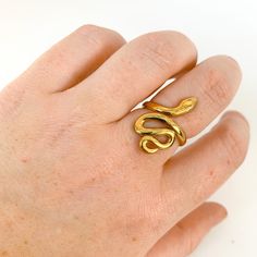 DRIP JEWELRY Gold Snake Ring - Adjustable Adjustable Gold Metal Snake Ring, Adjustable Snake Ring For Promise, Adjustable Metal Snake Ring, Adjustable Gold Snake Ring, Gold Snake Ring As Gift, Adjustable Gold Snake Ring Gift, Gold Brass Snake Ring As Gift, Gold Brass Snake Ring For Gift, Adjustable Yellow Gold Snake-shaped Ring