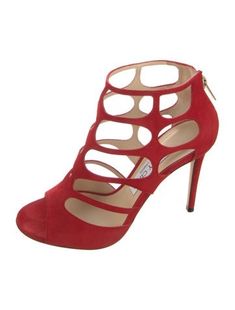 Jimmy Choo Suede Gladiator SandalsRedCutout Accent & Leather TrimStraps & Zip Closures at ShaftsIncludes Box & Dust BagFit: This style typically runs a full size small. Gladiator Sandals, Jimmy Choo, Women's Shoes Sandals, Shoes Sandals, Women Shoes, Running, Sandals, Red, Leather