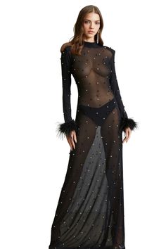 SHEER STRETCHY MESH FABRIC PADDED SHOULDERS MOCKNECK WITH BUTTON CLOSURE ALLOVER PEARL AND RHINESTONE DETAILING FAUX FEATHER TRIM SLEEVE ORDER SHIPS WITHIN 24-48 HOURS Sheer Maxi Dress, Glamorous Party, Feather Trim, Swimwear Sale, Black Friday Shopping, Sheer Dress, Sheer Fabrics, Couture Dresses, Mesh Fabric