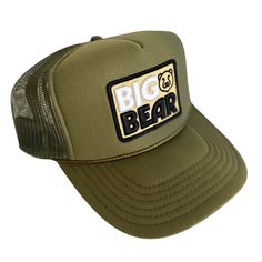 Big Bear Trucker Hat From the mountains to the slopes! This his or hers trucker is part of our Timeless Traveler Collection. Cute and perfect for your next day in the sun. So light, medium profile and a perfect addition to your growing hat collection. 5 Panel Foam Mesh Back Trucker, Pro Style Adult Sizing 100% Poly Foam Front, 100% Nylon Back Outdoor Trucker Hat With Logo Patch, Adjustable Trucker Hat With Logo Patch For Camping, Trucker Hat With Logo Patch For Outdoor Activities, Outdoor Trucker Hat One Size Fits Most, Summer Snapback Hat For Hiking, Green Trucker Hat For Outdoor, Outdoor Cap With Logo Patch, Curved Brim Trucker Hat For Outdoor Activities, Casual Summer Trucker Hat For Hiking