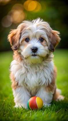 a small dog sitting in the grass next to an easter egg