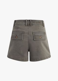 The Caroline Utility Short is geared up for warm weather. Cast in an overdyed olive-green Kalamata wash in stretch denim, the pair has a high rise that's pinched at the waist with a slightly longer length and an easy fit at the hips and thigh. Front slant pockets, back flap welt pockets and a belt loop waistband complete the look. (Favorite Daughter embroidery on the waistband, of course.)62% Cotton, 18% Rayon, 17% Polyester, 3% SpandexGaby is 5'9" wearing size 26. Olive Bottoms With Pockets In Short Length, Utility Style Bottoms With Pockets, Short Length, Casual High Waist Olive Bottoms, Olive Bottoms With Pockets Short Length, Casual Olive Bottoms Short Length, Casual Olive Short Length Bottoms, Olive Cotton Shorts For Spring, Olive High Waist Utility Bottoms, Casual Olive Short Bottoms